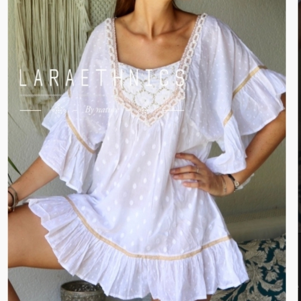 LaraEthnics White Swiss Dot Lace Trim Boho Swim Coverup Dress Resort Vacation